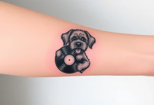 happy doodle dog holding a vinyl record tattoo idea