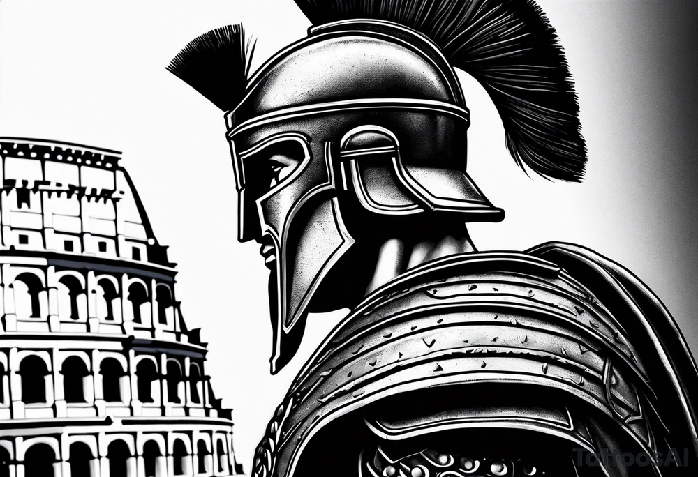 Side profile of spartan soilder looking left at Roman colosseum tattoo idea