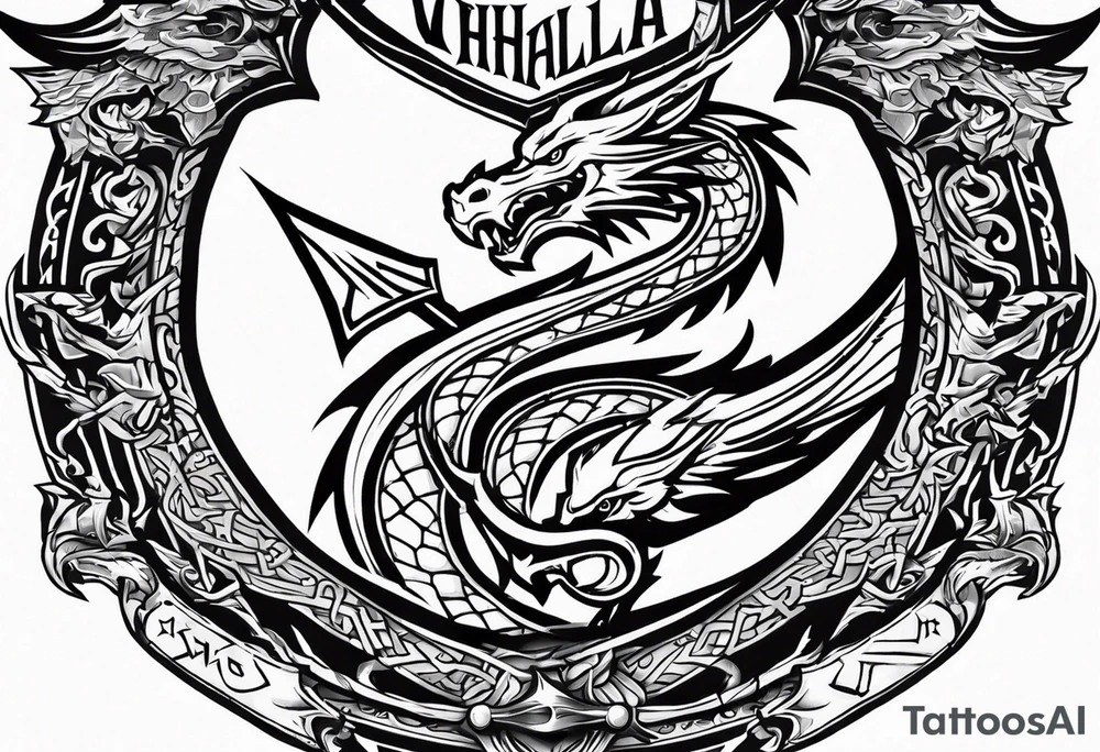Valhalla sword shield dragon axe tattoo idea