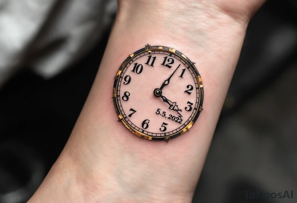 Delicate golden clock hands frozen at 9:17, with "Ela" and 3.5.2022 in fine black ink. tattoo idea