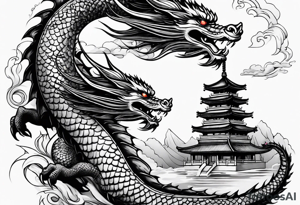 with a dragon coiling around a pagoda tattoo idea