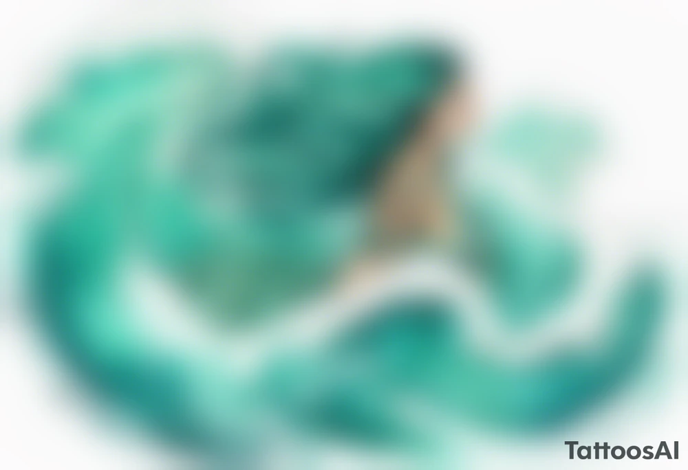 a beautiful chubby turquoise serpent woman emerging from an ocean wave, crashing onto the shore tattoo idea