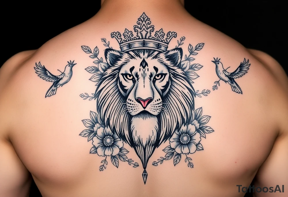 powerful majestic lion with a crown, surrounded by floral ornaments and birds tattoo idea