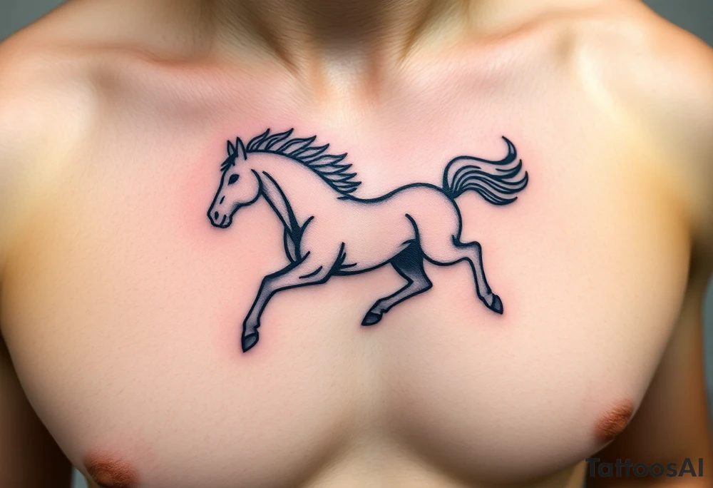 The tattoo represents a supernatural encounter with a golden horse with jet-black fur in the mountains of Choquequirao (Cusco, Peru). This mysterious, fleeting horse symbolizes strength, energy, and spiritual rebirth. It appeared at full speed, its hooves shaking the ground, its breath so powerful it drowned out all other sounds. The narrator felt no fear, only awe as the horse took a perfect curve, muscles tense, radiating power and grace. Its presence transformed the narrator, giving them the energy to complete an exhausting trek and leaving them with a profound connection to something greater. The tattoo aims to capture the essence of this moment: strength, speed, beauty, and the spirit of the mountain. tattoo idea