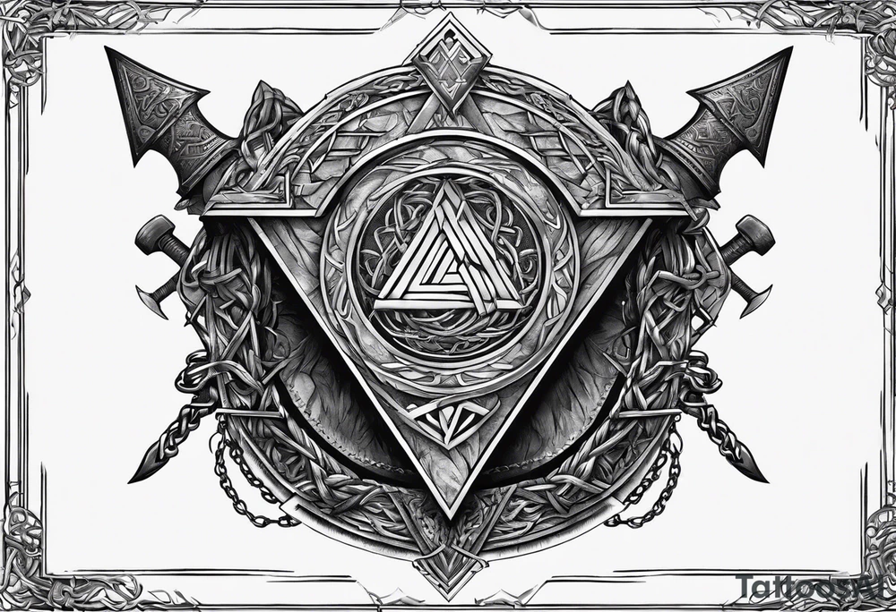Valhalla  sword shield axe barbed wire chains valknut tattoo idea