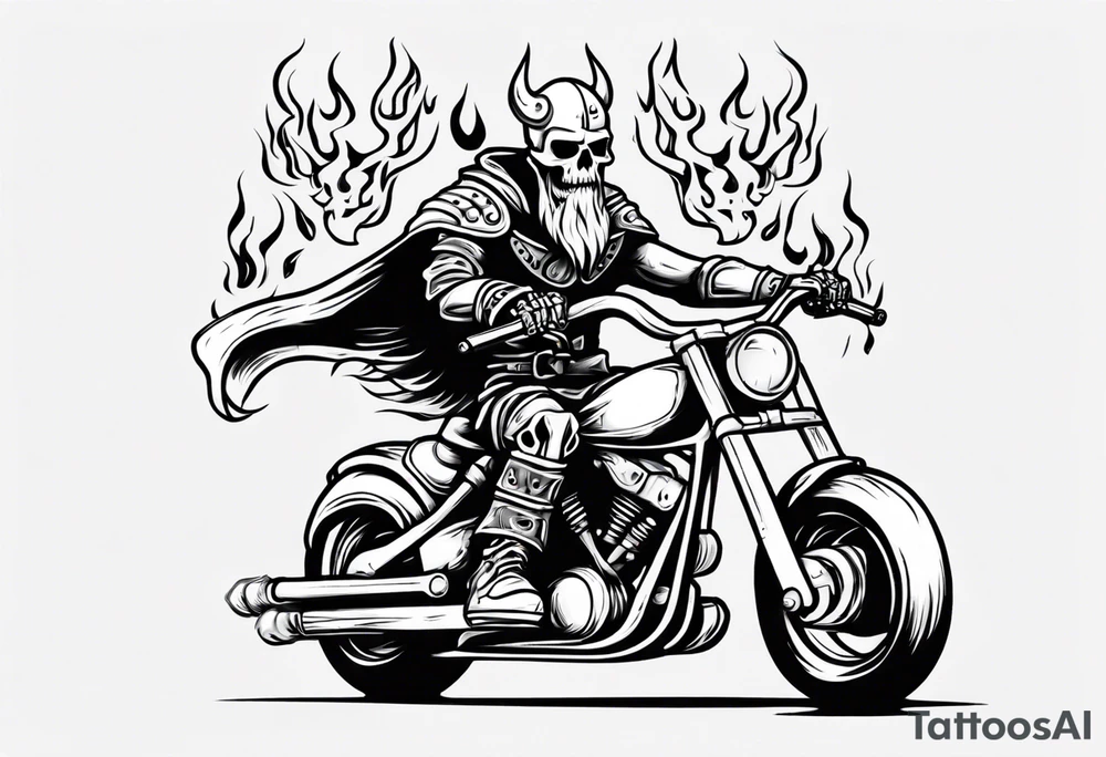 A viking skeleton riding a motorcycle with flames front view tattoo idea A viking skeleton riding a motorcycle with flames front view tattoo idea