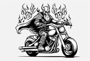 A viking skeleton riding a motorcycle with flames front view tattoo idea