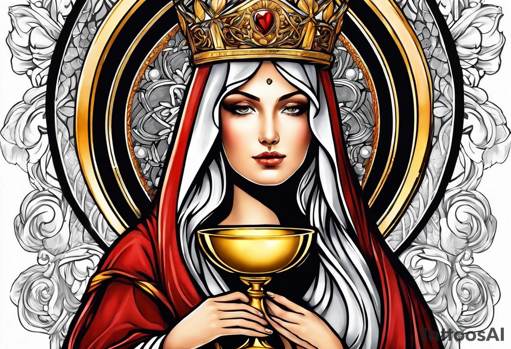 holy saint woman with golden halo holding a chalice tattoo idea