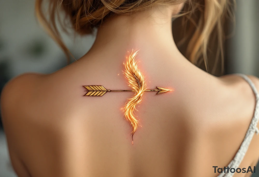 A golden arrow with a phoenix feather tail, engulfed in a soft glow, symbolizing rebirth and transformation. tattoo idea