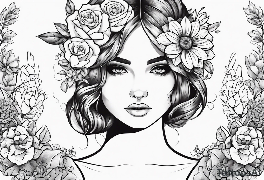 Flowers, Leo, girl with scrabble brain outline tattoo idea