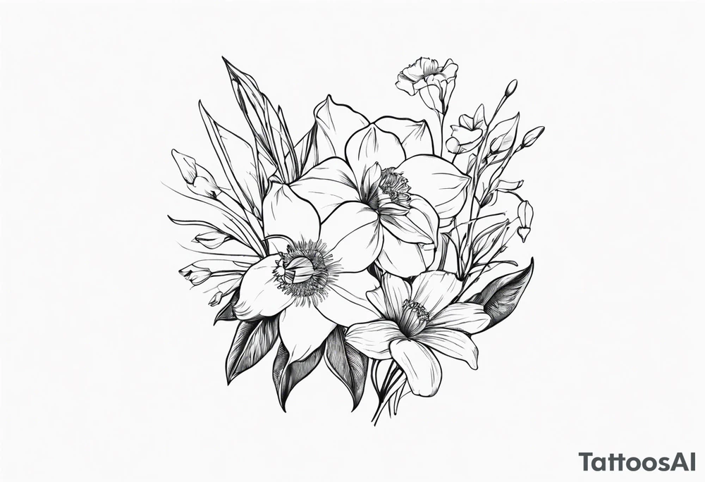 Bouquet including:
DAFFODIL
JONQUIL
ASTER
MORNING GLORY
Held together with a bow tattoo idea