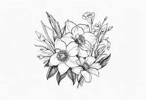 Bouquet including:
DAFFODIL
JONQUIL
ASTER
MORNING GLORY
Held together with a bow tattoo idea