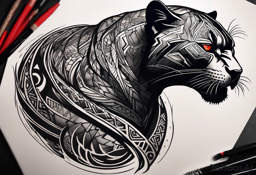 unique black panther tattoo, portrayed in a dynamic pose, showcasing its strength and grace, striking red eyes, intense and captivating elements, artistic flair, blending realism with abstract elements tattoo idea