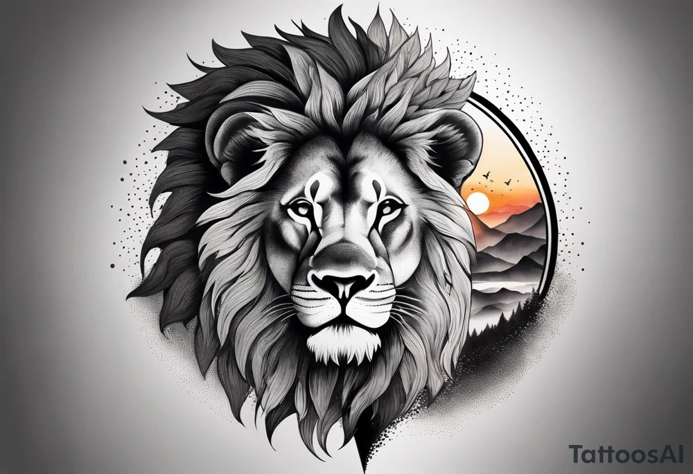 Tattoo in the shape of a lion head with a father and son in the mountains with  a waterfall and cross in the background and a sunset inside of it tattoo idea