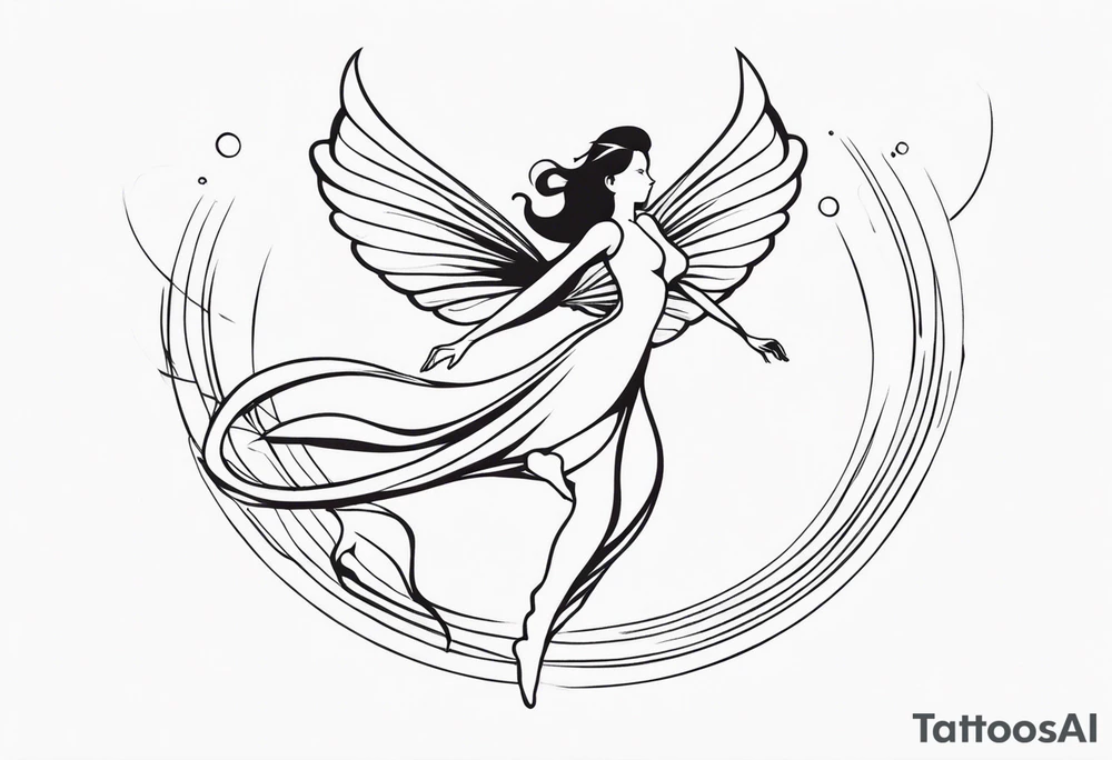 Minimalistic, monochromatic fairy with a tail flying to the left in a fetal position, leaning and looking in the same direction, with visible hands, embodying the 'Fairy Tail' logo aesthetic. tattoo idea