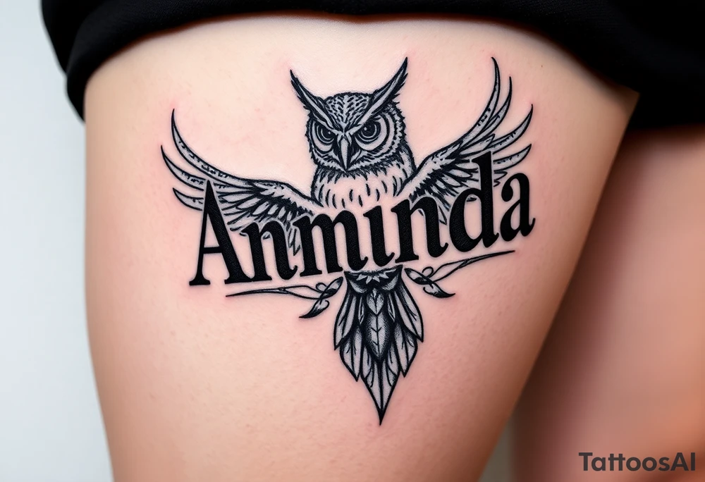 Amanda name with Harry Potter deathly hallows and owl tattoo idea