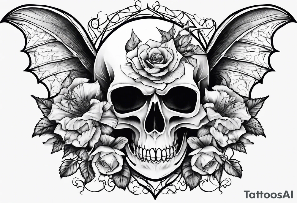Flowers vines skeleton bat tattoo idea