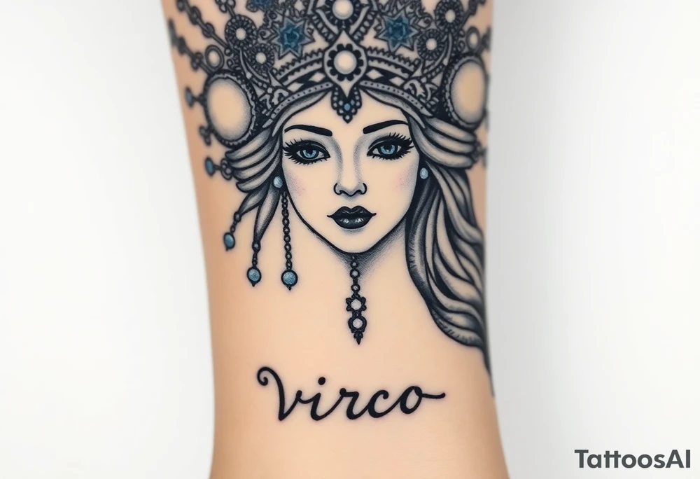 A regal Virgo queen with an intricate celestial headdress, adorned with silver moons, deep blue stars, and delicate pearls and the word virgo tattoo idea