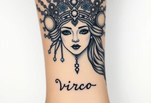 A regal Virgo queen with an intricate celestial headdress, adorned with silver moons, deep blue stars, and delicate pearls and the word virgo tattoo idea