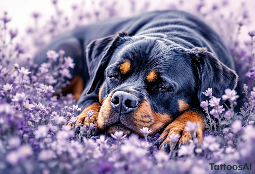 Rottweiler in Flowers – A full-body Rottweiler lying peacefully in a field of purple wildflower tattoo idea