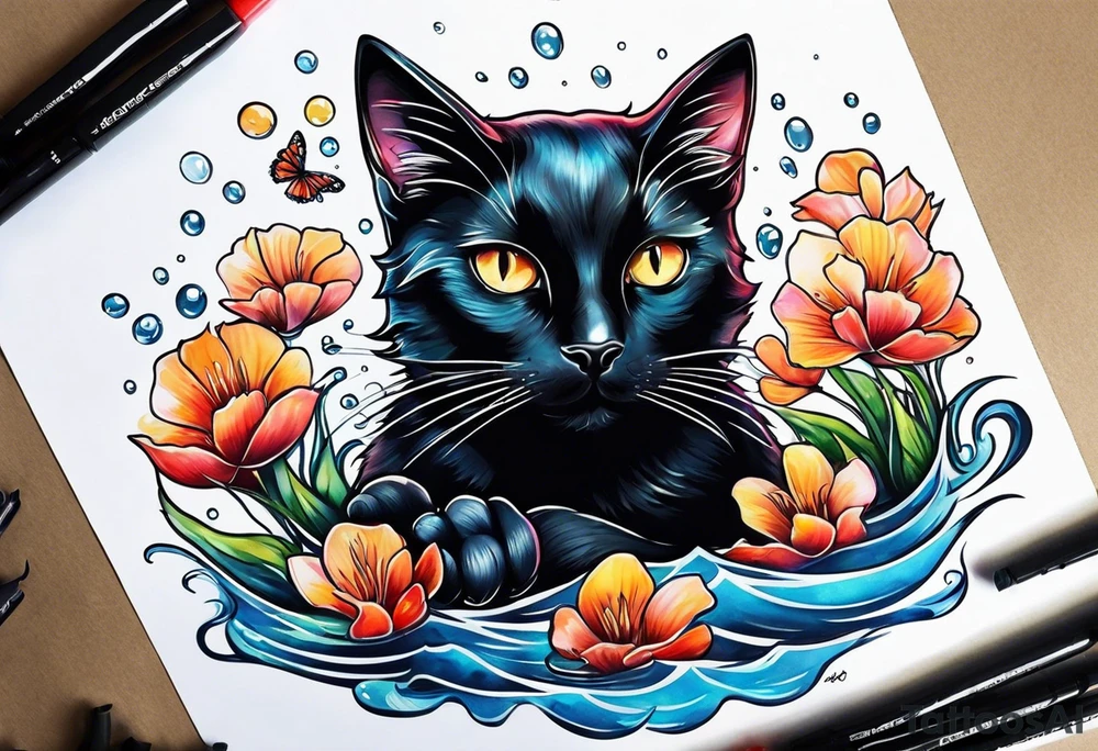 Black cat swimming in a pool tattoo idea