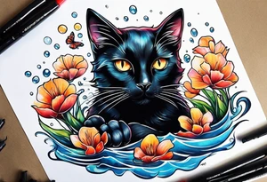 Black cat swimming in a pool tattoo idea