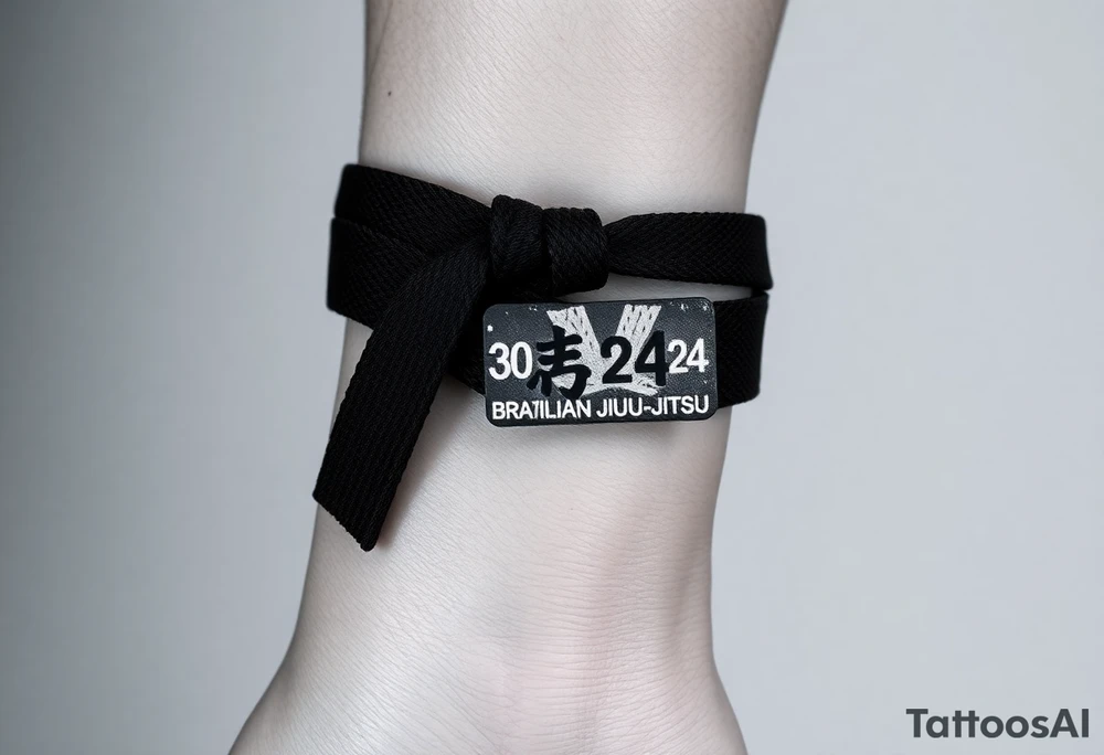 A realistic black and gray tattoo of a Brazilian Jiu-Jitsu black belt wrapping around the wrist like a bracelet. The belt is tied in a knot with one end showing the number 30 and the other showing 24. On the flat end of the belt, two Japanese kanji characters are inked in white: 成長 (growth) and 忍耐 (perseverance). The belt has subtle stitch marks and worn, textured shading for a slightly distressed, authentic look. tattoo idea