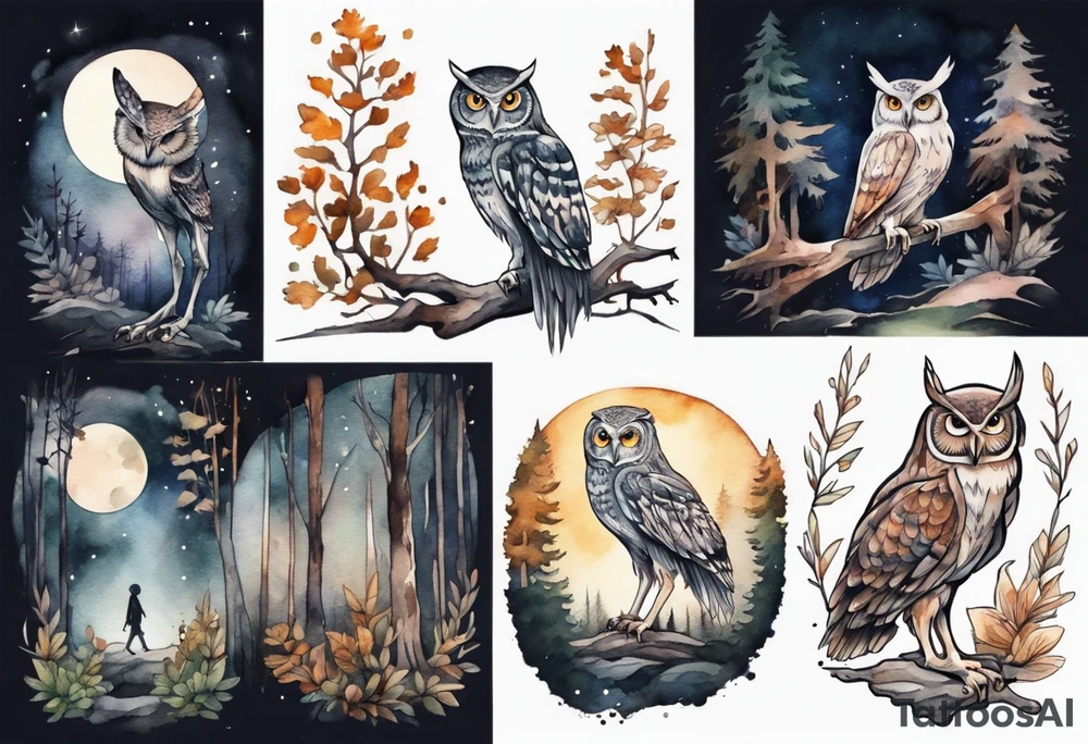 a creature with long legs and the head of an owl walking on a forest path at night tattoo idea