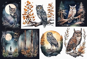 a creature with long legs and the head of an owl walking on a forest path at night tattoo idea
