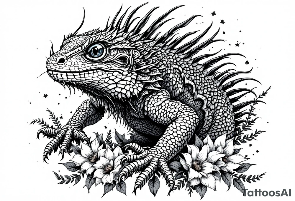 powerful majestic lizard, surrounded by floral ornaments tattoo idea