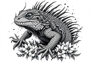 powerful majestic lizard, surrounded by floral ornaments tattoo idea