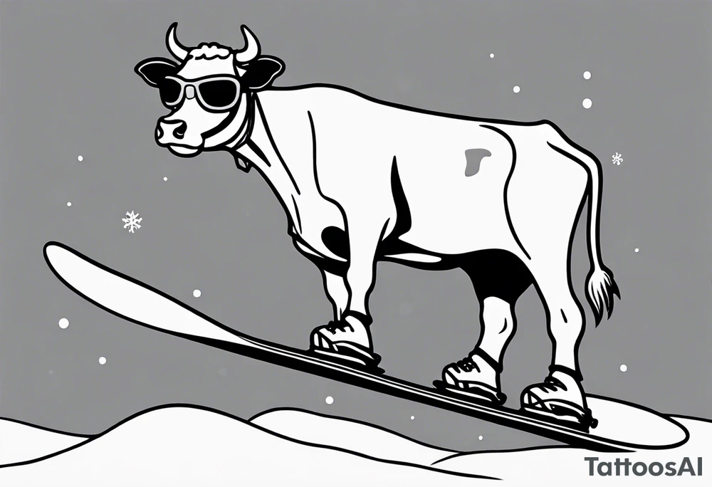 Generate a minimalist and simple black and white tattoo design featuring a joyful cow snowboarding, wearing goggles. Focus on essential lines and details to convey the playful spirit of the scene. The cow should exude confidence while effortlessly snowboarding down a snowy slope. Keep the design clean and uncluttered, suitable for a small to medium-sized tattoo space. Emphasize the charm and whimsy with the addition of goggles, ensuring the overall aesthetic remains simple and minimalistic. The goal is to create a visually appealing and easily recognizable tattoo that captures the essence of a cow enjoying a snowboarding adventure tattoo idea