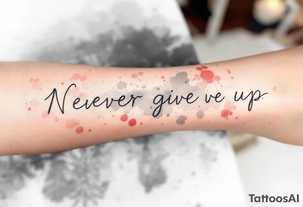 "Never give up" in typewriter font, with splashes of red and gray watercolor behind the text. tattoo idea