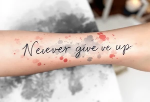 "Never give up" in typewriter font, with splashes of red and gray watercolor behind the text. tattoo idea