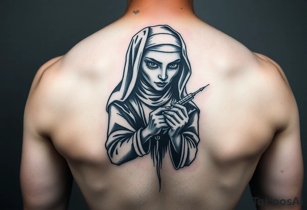 A bad nun junkie with a syringe tattoo idea