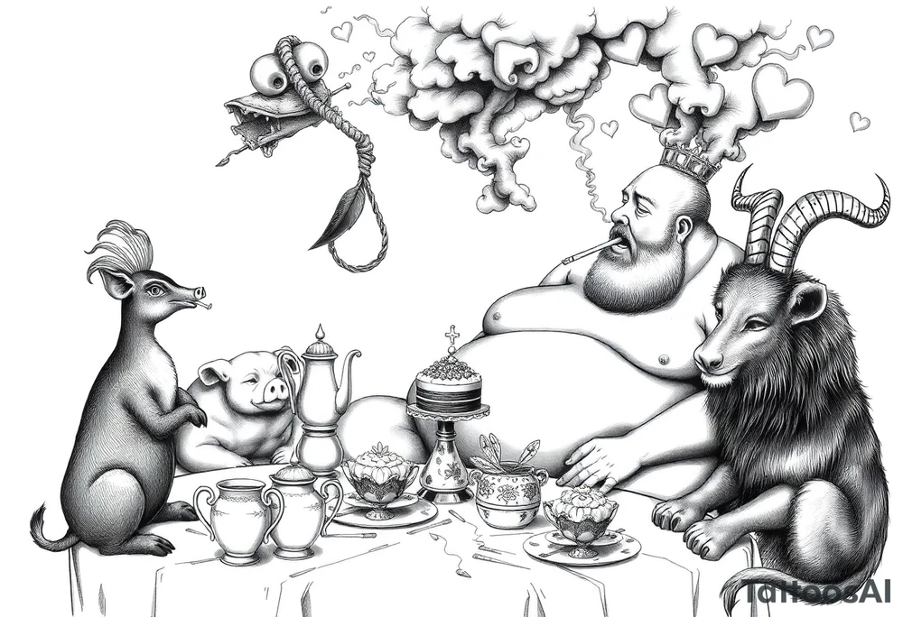 naked fat lady having a tea party with tea pots and 
with a pig, peacock, noose, lion, goat, smoking cigerettes looking in the mirror having sex with a man eating a cake thru storm clouds with knife and broken hearts and darkness and wrath, envy , gluttony, greed, tattoo idea