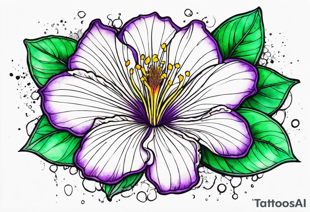 An outline of a rio dipladenia flower with a green and purple watercolor splash in the background tattoo idea