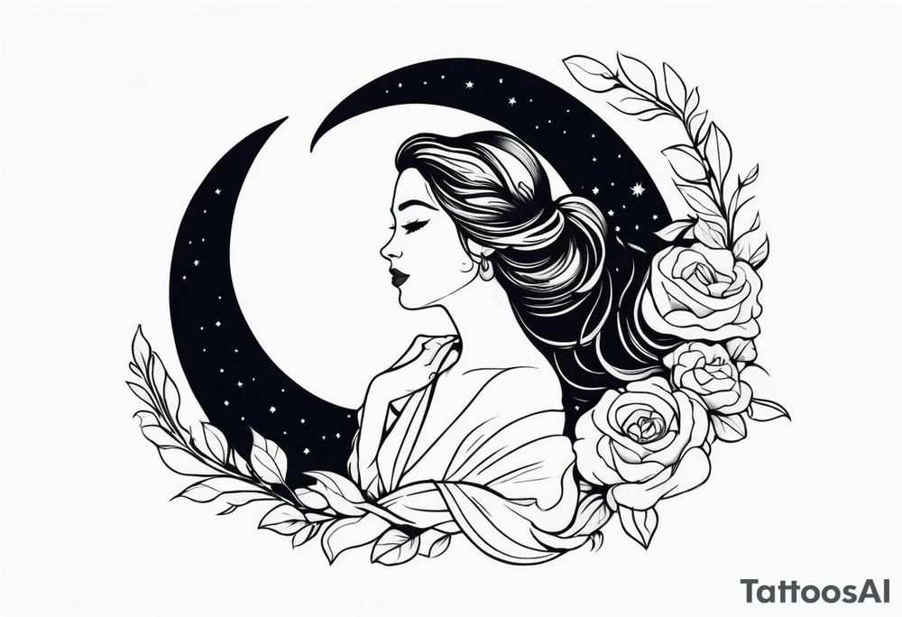 woman in dress on a crescent moon tattoo idea