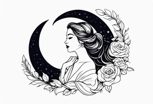 woman in dress on a crescent moon tattoo idea