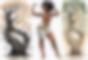 a tree trunk with roots that is a beautiful black woman from the waist up, arms reaching up to the sun, wearing a tunic made out of leaves tattoo idea