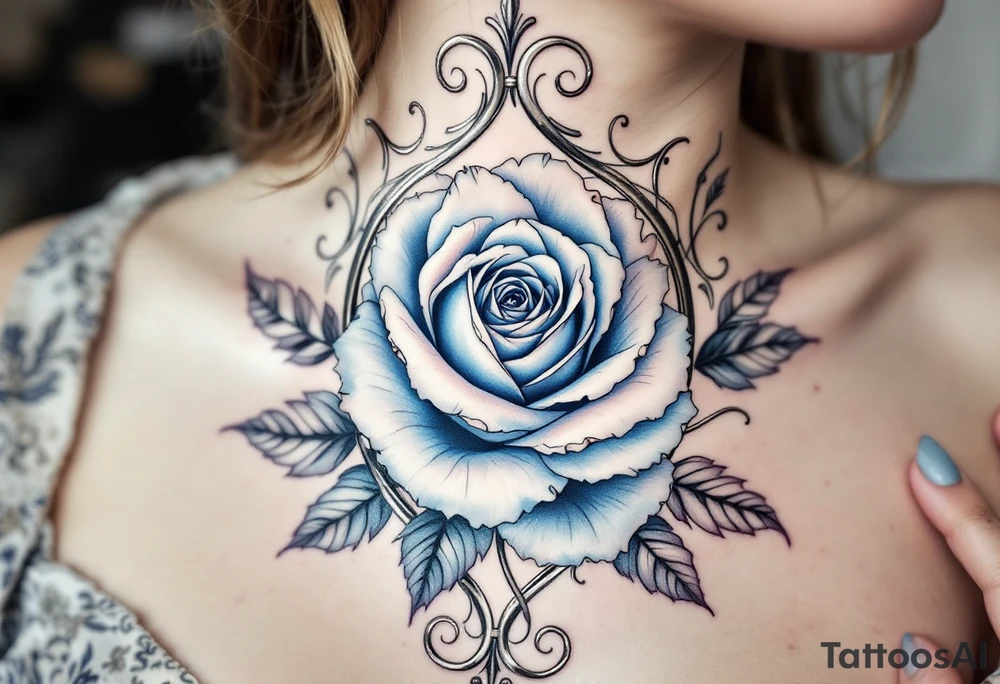 Blue rose in Art Nouveau frame, muted dusty blue petals with elegant, flowing metallic silver framing. tattoo idea