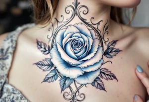 Blue rose in Art Nouveau frame, muted dusty blue petals with elegant, flowing metallic silver framing. tattoo idea