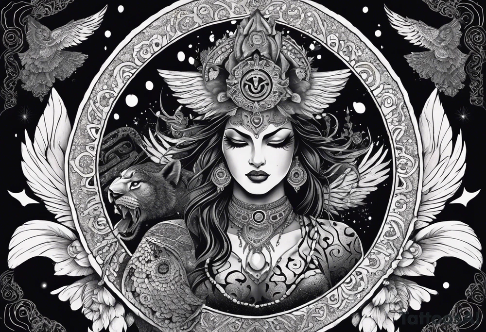 black kali, goddess pirate, alien, angel, pachamama, valkrye, warrior, flying, skull, lotus azul, wing, eagle, zenza resonance, stars, 5D, anahata chakra, death, durga, riding on a tiger, flying lady, kundalini, chest tatoo, samuri, rebel,s erpent tattoo idea