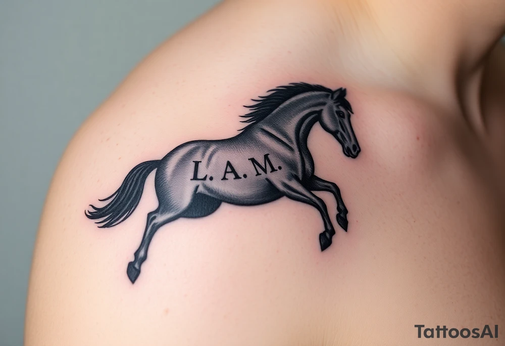 horse silhouette 
from the front which gallops from the front, with the 3 small letters discreetly integrated: L, A, M tattoo idea