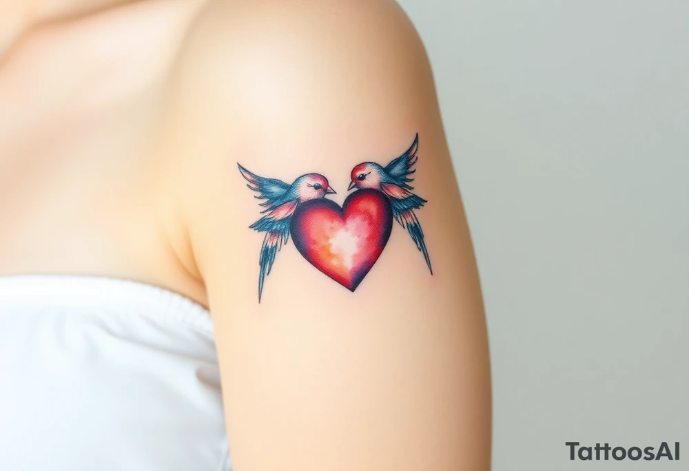 dainty sacred heart with two birds tattoo idea