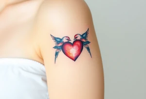 dainty sacred heart with two birds tattoo idea