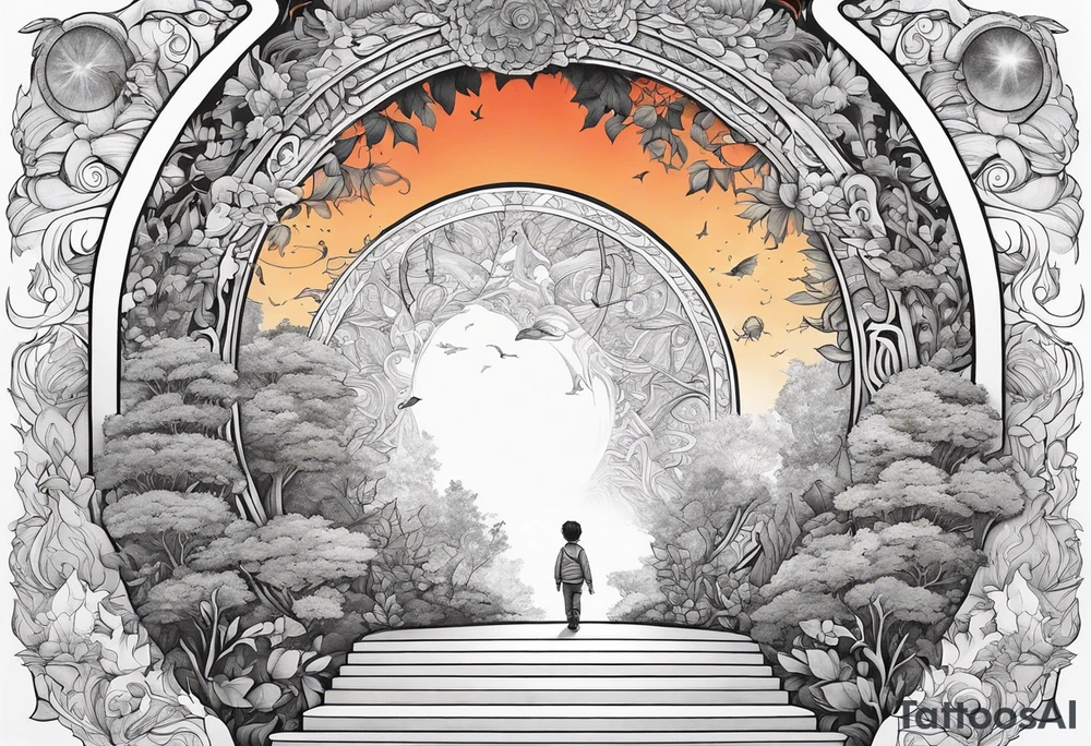 a small boy entering a portal leading to a fantasy world filled with nature tattoo idea