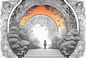 a small boy entering a portal leading to a fantasy world filled with nature tattoo idea