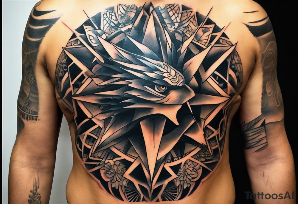 Wide tattoo that appears to be bursting out of the skin, symbolizing freedom. The tattoo should be vibrant and dynamic, with bold lines and colors that evoke a sense of liberation and empowerment. Consider incorporating elements such as broken chains, or other symbols of freedom. The tattoo should be visually striking and thought-provoking, inviting the viewer to reflect on the importance of personal freedom. tattoo idea