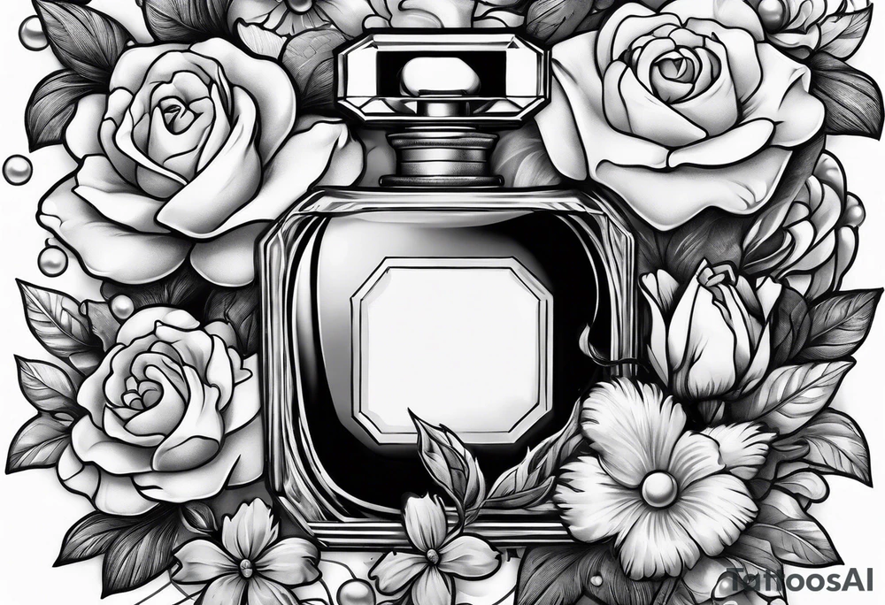 Pearl necklace wrapped around 1950s perfume bottle with flowers and bows surrounding tattoo idea